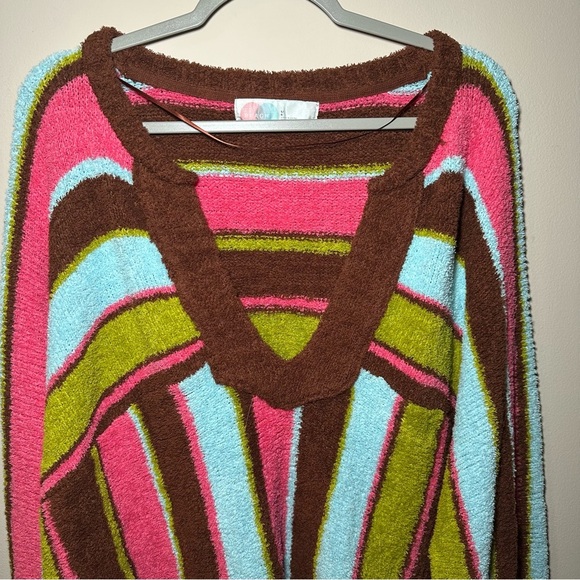 Free People FP Beach Thora Sweater Colorful Striped V-Neck Sweater Size Large - Picture 3 of 16